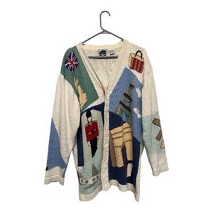 Vintage Storybook Knits Multicolor Paris & London Graphic Cardigan XL*